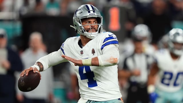 Dallas Cowboys quarterback Dak Prescott (4) attempts a pass against the Miami Dolphins during the second half at Hard Rock Stadium in 2023.